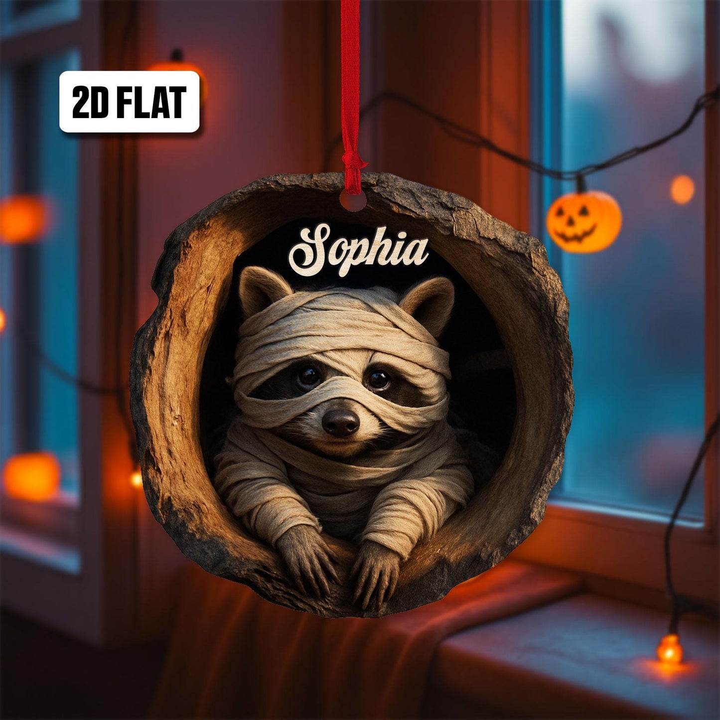 Personalized Raccoon 2D Flat Ornament, Raccoon Rearview Mirror Car Accessories, Raccoon Halloween Ornament, Holiday Gift for Raccoon Lover