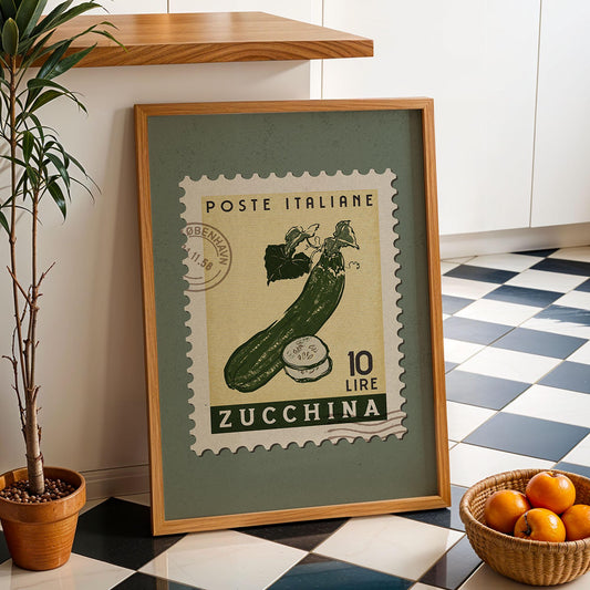 Zucchini Poster, Vintage Italian Food Art Print | Retro Kitchen Print | Retro Stamp Poster, Trendy Kitchen Art, Food Gift Ideas