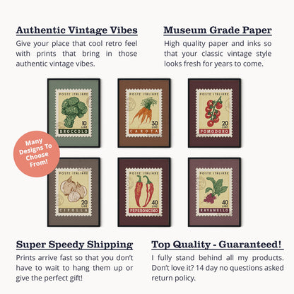 Vintage Mushroom Poster, Italian Food Art Print | Retro Kitchen Print | Retro Stamp Poster, Trendy Kitchen Art, Food Gift Ideas