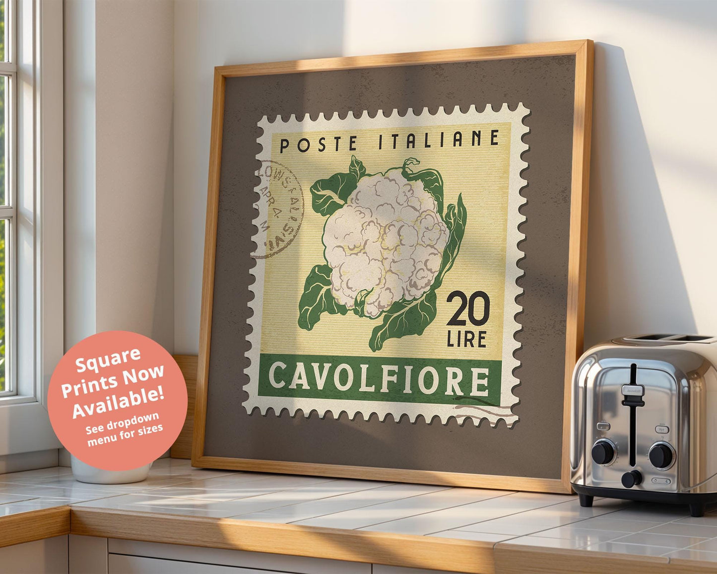 Cauliflower Wall Art, Retro Stamp Poster | Retro Kitchen Print | Italian Food Art Print, Trendy Kitchen Decor, Unique Food Gift
