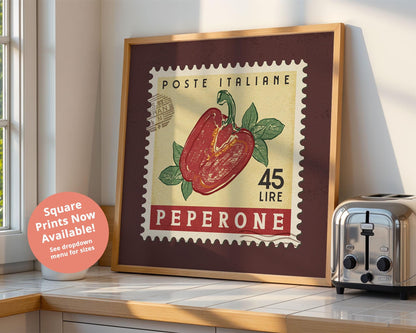 Red Bell Pepper Poster, Retro Stamp Poster | Retro Kitchen Print | Italian Food Art Print, Trendy Kitchen Decor, Unique Food Gift