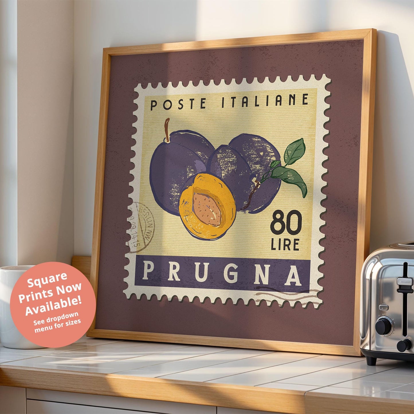 Plum Poster, Plum Fruit Market Print | Italian Food Art | Funny Fruit Poster, Plum Wall Art, Retro Kitchen Print