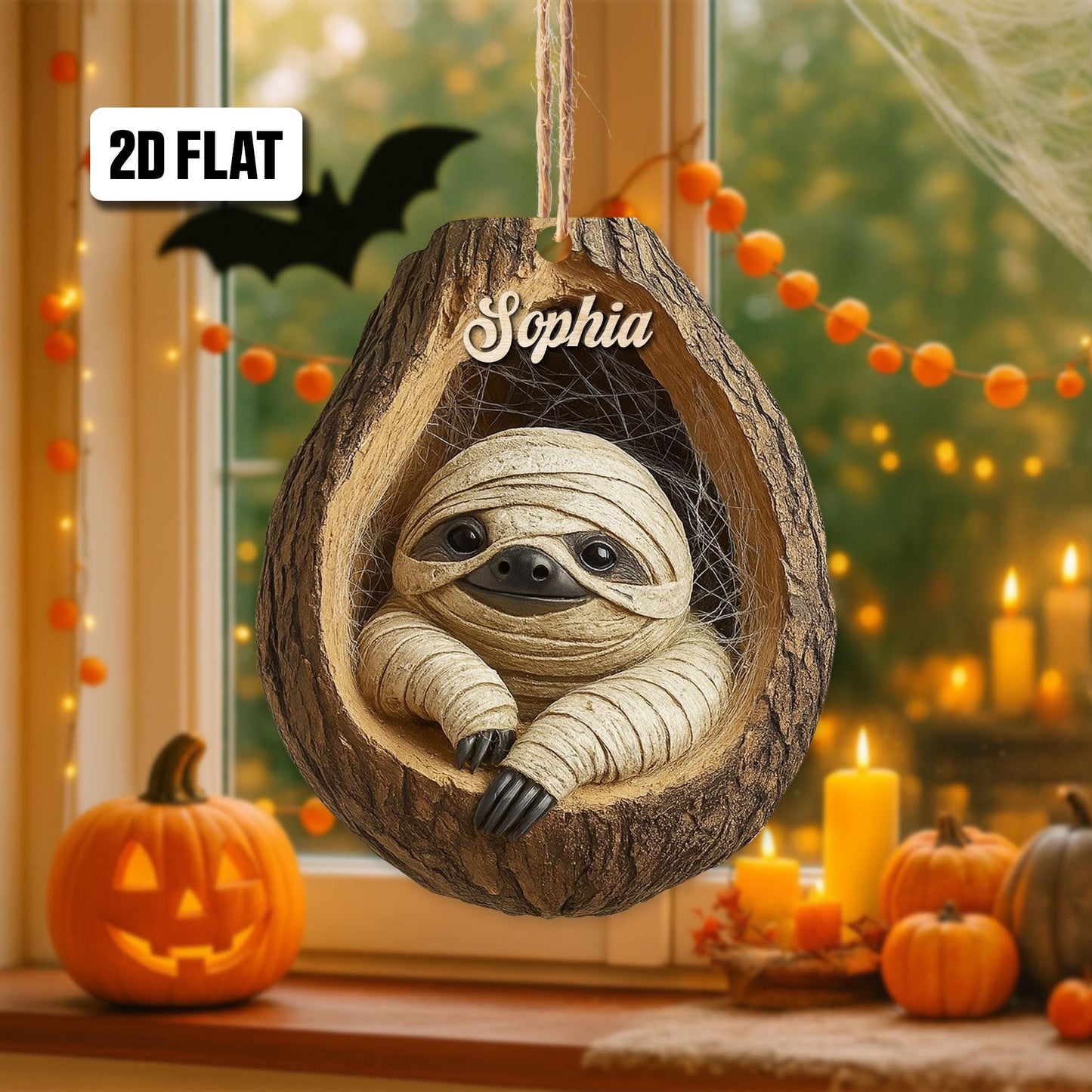 Personalized Sloth 2D Flat Ornament, Sloth Rearview Mirror Car Accessories, Sloth Halloween Ornament, Holiday Gift for Sloth Lover