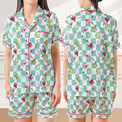Coquette Margarita Cocktail Pajamas Set, Drinking Pajama Sleepwear Short Sleeve Pajama Set, Checkered Margarita Lover Home Wear Set