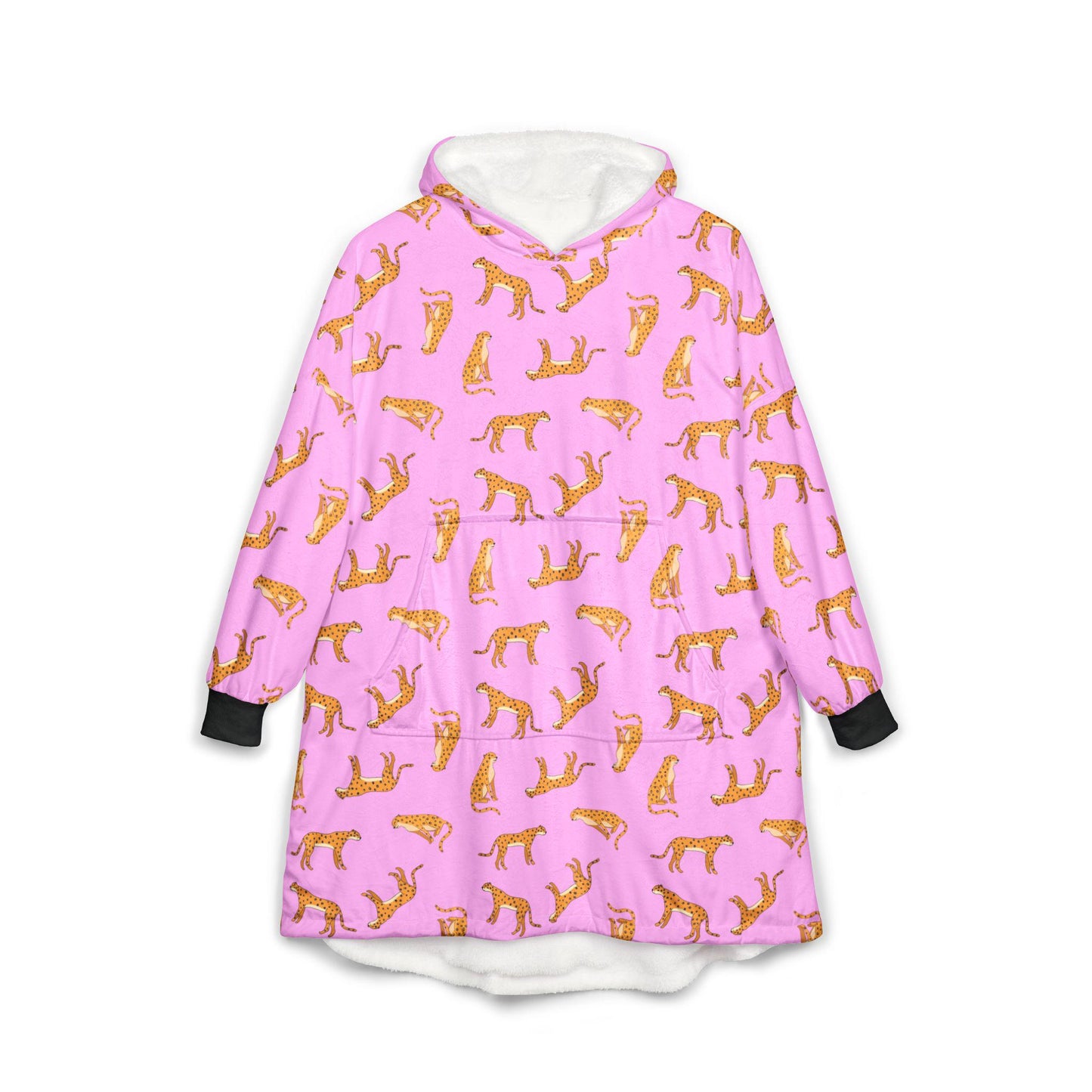 Cheetah Print Hooded Blanket: Pink Animal Cozy Wrap with Kangaroo Pocket