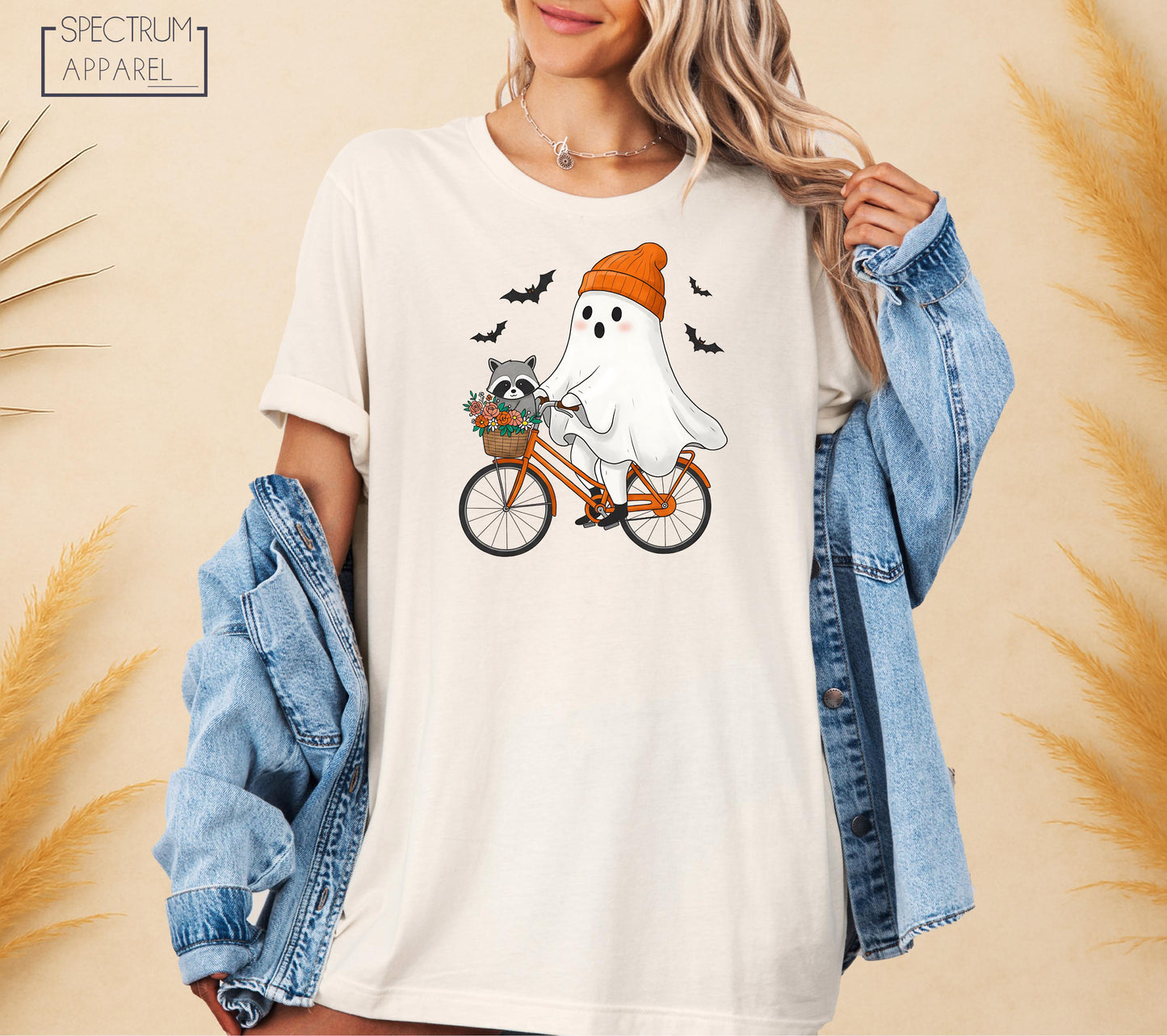 Halloween Ghost Biking T-Shirt, Raccoon Ghost Tee, Spooky Season Bike T-Shirt, Cute Fall Shirt, Ghost Bicycle T-Shirt, Cozy Halloween Shirt
