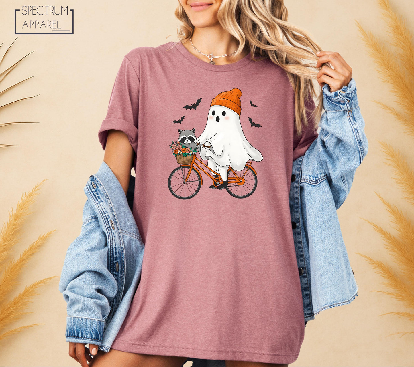 Halloween Ghost Biking T-Shirt, Raccoon Ghost Tee, Spooky Season Bike T-Shirt, Cute Fall Shirt, Ghost Bicycle T-Shirt, Cozy Halloween Shirt