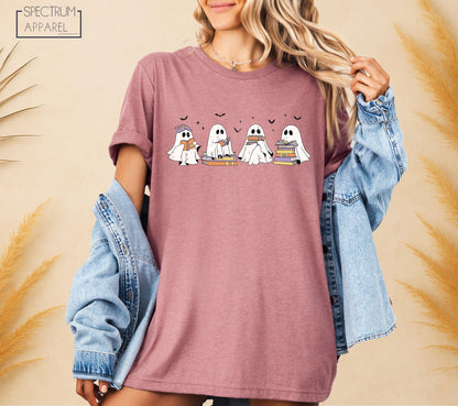 Halloween Reading Ghosts T-Shirt, Bookworm Ghost Fall Tee, Spooky Season Reading T-Shirt, Cute Ghost Book Stack Shirt, Autumn Reading Tee