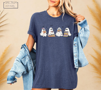 Halloween Reading Ghosts T-Shirt, Bookworm Ghost Fall Tee, Spooky Season Reading T-Shirt, Cute Ghost Book Stack Shirt, Autumn Reading Tee