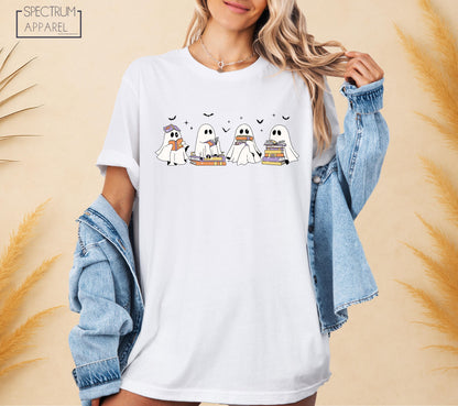 Halloween Reading Ghosts T-Shirt, Bookworm Ghost Fall Tee, Spooky Season Reading T-Shirt, Cute Ghost Book Stack Shirt, Autumn Reading Tee