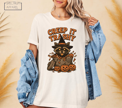 Creep It Trashy Raccoon T-Shirt, Creep the Trash Top, Funny Halloween Trash Raccoon Shirt, Pumpkin Candy Animal Shirt, Spooky Fall Humor Top