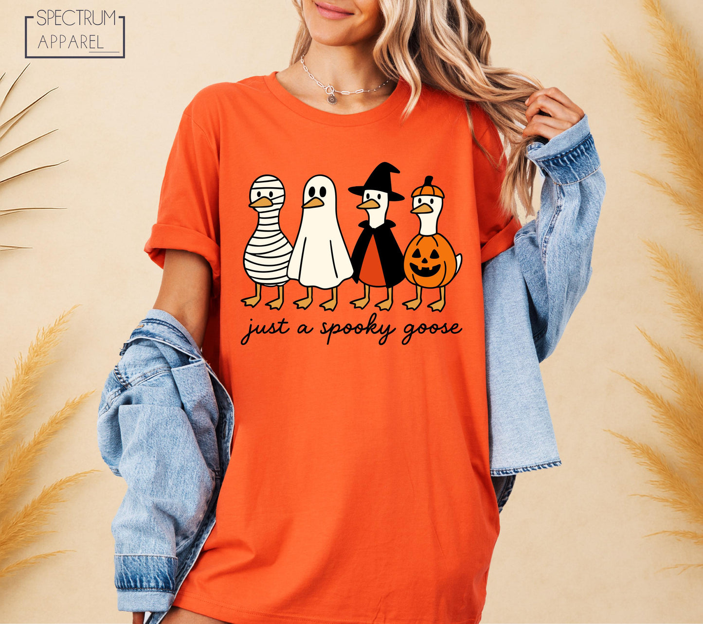 Just A Spooky Goose T-Shirt, Spooky Goose Tee, Funny Halloween Goose in Costumes Shirt, Pumpkin Witch Mummy Ghost Shirt, Cute Fall Humor Top