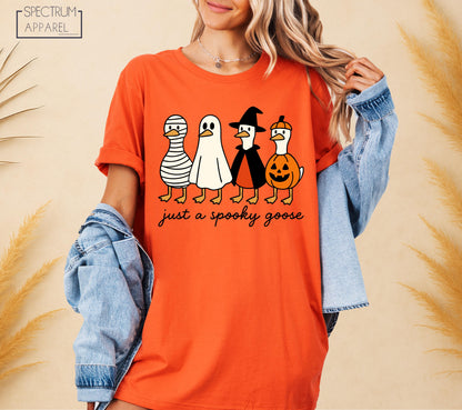 Just A Spooky Goose T-Shirt, Spooky Goose Tee, Funny Halloween Goose in Costumes Shirt, Pumpkin Witch Mummy Ghost Shirt, Cute Fall Humor Top