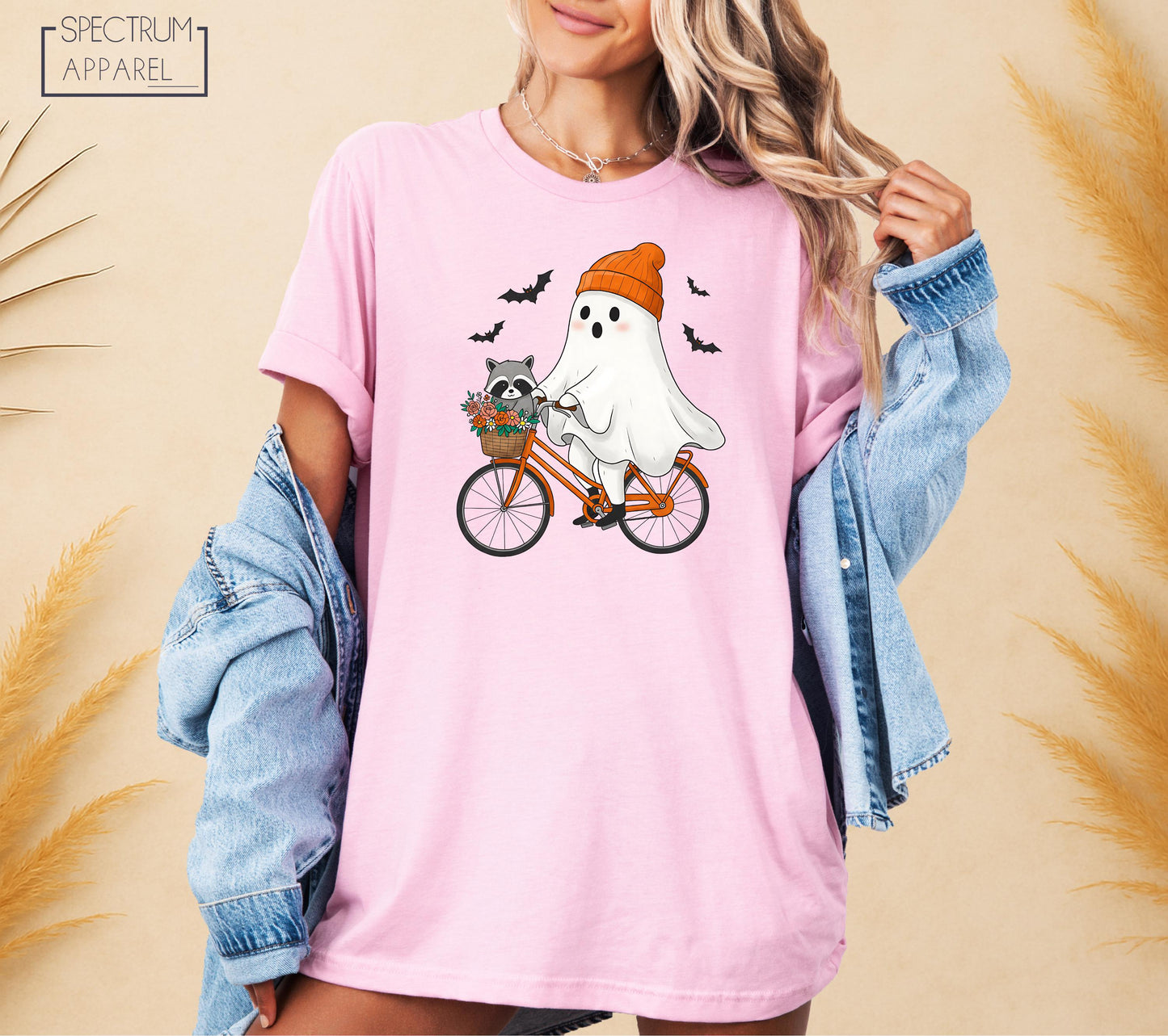 Halloween Ghost Biking T-Shirt, Raccoon Ghost Tee, Spooky Season Bike T-Shirt, Cute Fall Shirt, Ghost Bicycle T-Shirt, Cozy Halloween Shirt