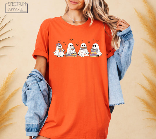 Halloween Reading Ghosts T-Shirt, Bookworm Ghost Fall Tee, Spooky Season Reading T-Shirt, Cute Ghost Book Stack Shirt, Autumn Reading Tee