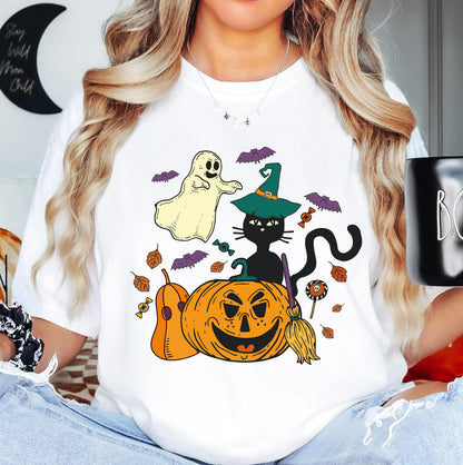 Black Cat Pumpkin Shirt, Cat Halloween Sweatshirt, Ghost Cat Shirt, Witch Spooky T-Shirt, Spooky Season Tee, Cat Lover Halloween Shirt