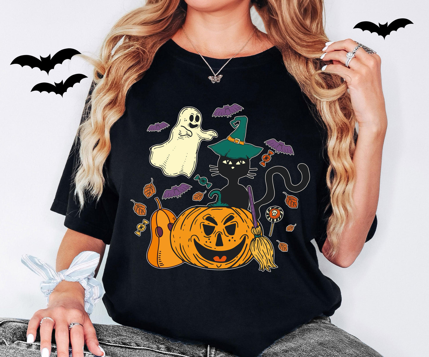 Black Cat Pumpkin Shirt, Cat Halloween Sweatshirt, Ghost Cat Shirt, Witch Spooky T-Shirt, Spooky Season Tee, Cat Lover Halloween Shirt