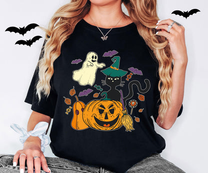 Black Cat Pumpkin Shirt, Cat Halloween Sweatshirt, Ghost Cat Shirt, Witch Spooky T-Shirt, Spooky Season Tee, Cat Lover Halloween Shirt