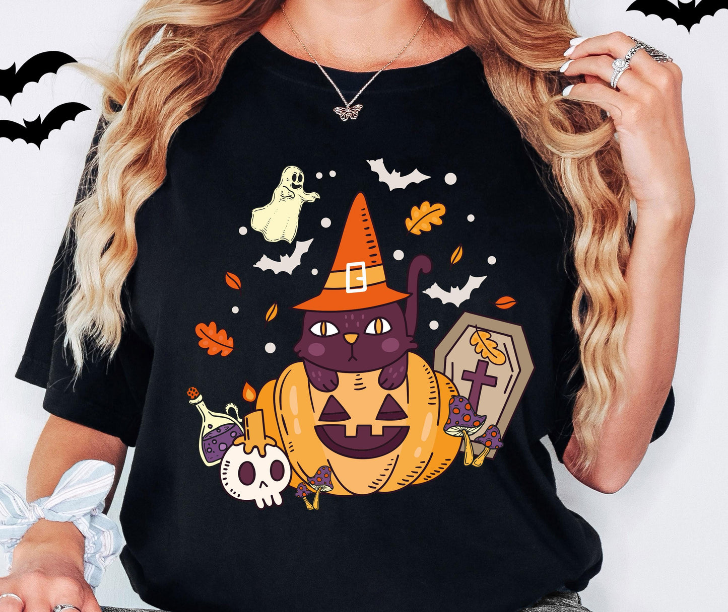 Black Cat Pumpkin Shirt, Cat Halloween T-Shirt, Ghost Cat Sweatshirt, Witch Spooky Shirt, Fall Season Sweatshirt, Cat Lover Halloween Shirt