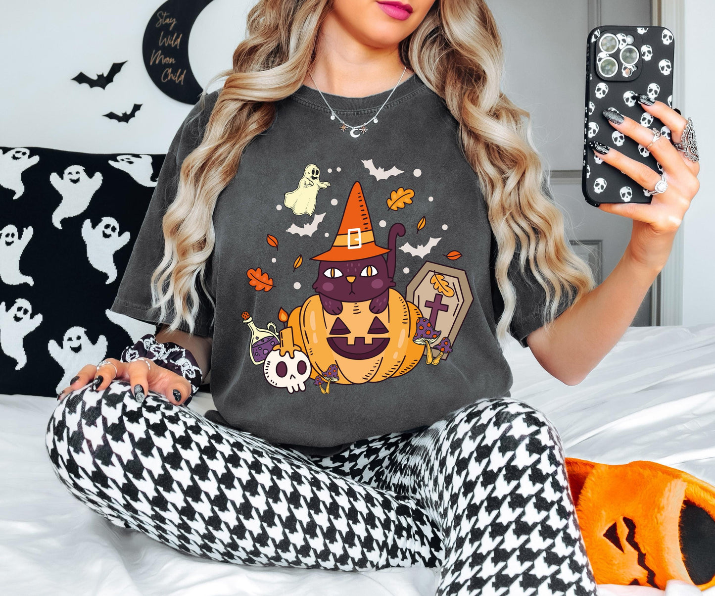Black Cat Pumpkin Shirt, Cat Halloween T-Shirt, Ghost Cat Sweatshirt, Witch Spooky Shirt, Fall Season Sweatshirt, Cat Lover Halloween Shirt