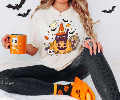 Black Cat Pumpkin Shirt, Cat Halloween T-Shirt, Ghost Cat Sweatshirt, Witch Spooky Shirt, Fall Season Sweatshirt, Cat Lover Halloween Shirt