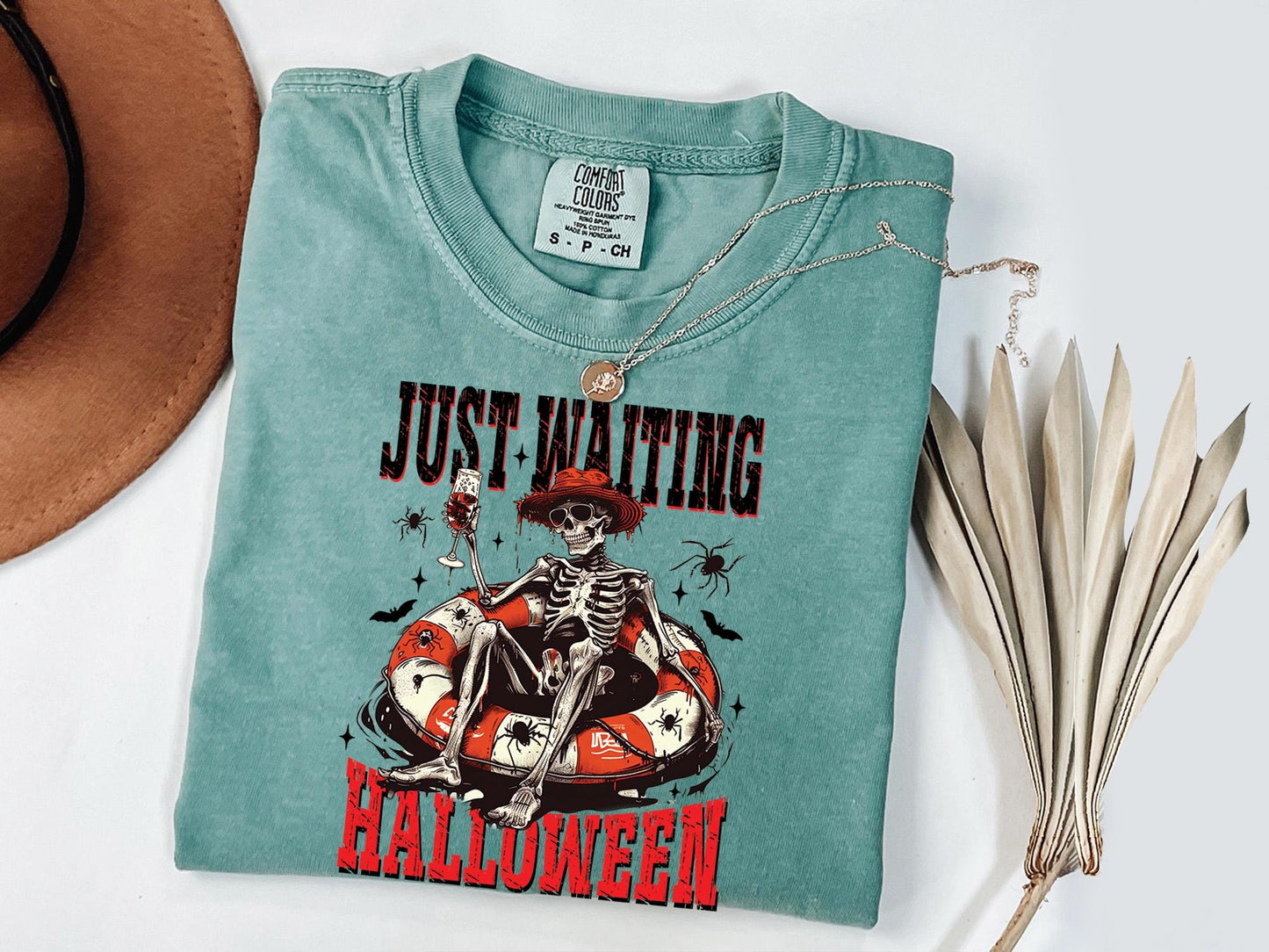 Comfort Colors® Just Waiting for Halloween Shirt, Funny Skeleton Pumpkin Shirt, Spooky Fall Graphic Shirt, Retro Halloween T-Shirt for Her