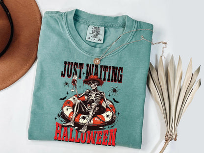 Comfort Colors® Just Waiting for Halloween Shirt, Funny Skeleton Pumpkin Shirt, Spooky Fall Graphic Shirt, Retro Halloween T-Shirt for Her