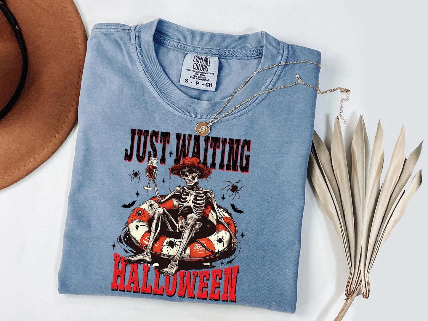 Comfort Colors® Just Waiting for Halloween Shirt, Funny Skeleton Pumpkin Shirt, Spooky Fall Graphic Shirt, Retro Halloween T-Shirt for Her