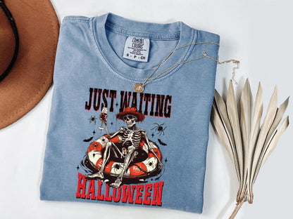 Comfort Colors® Just Waiting for Halloween Shirt, Funny Skeleton Pumpkin Shirt, Spooky Fall Graphic Shirt, Retro Halloween T-Shirt for Her