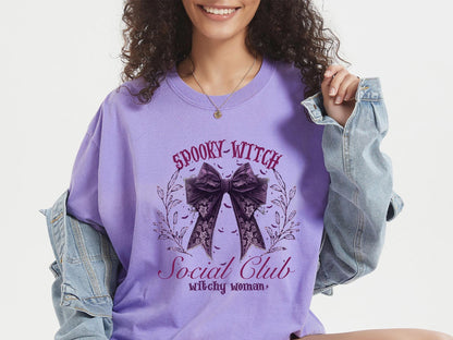 Comfort Colors® Spooky Witch Social Club Shirt, Hallowen Bow Sweatshirt, Halloween Party T-shirt,  Halloween Witch Tee