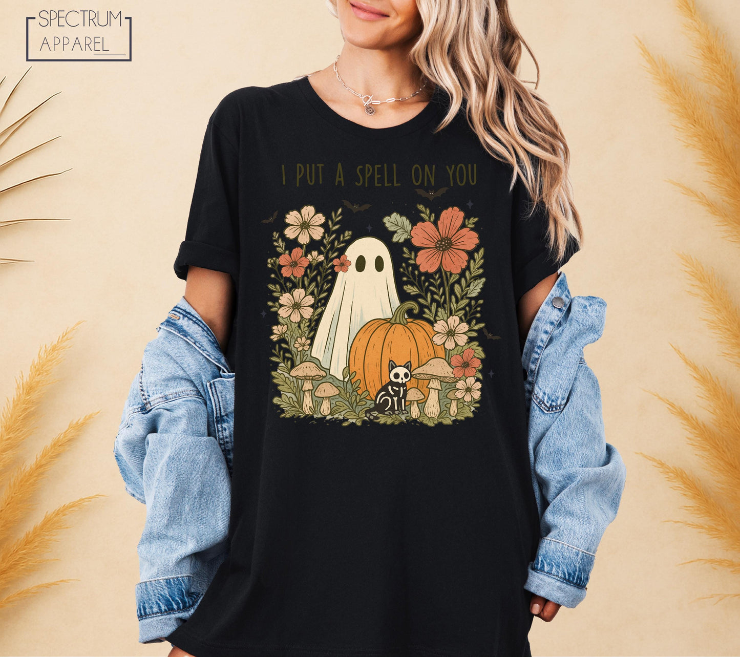 I Put A Spell On You T-Shirt, Spell On You Halloween T-Shirt, Ghost In Flowers Shirt, Cute Skeleton Cat Shirt, Spooky Floral Pumpkin T-Shirt