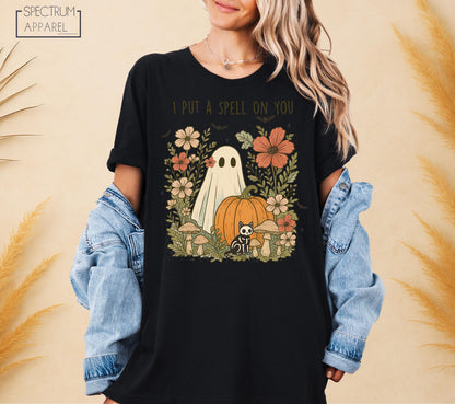 I Put A Spell On You T-Shirt, Spell On You Halloween T-Shirt, Ghost In Flowers Shirt, Cute Skeleton Cat Shirt, Spooky Floral Pumpkin T-Shirt