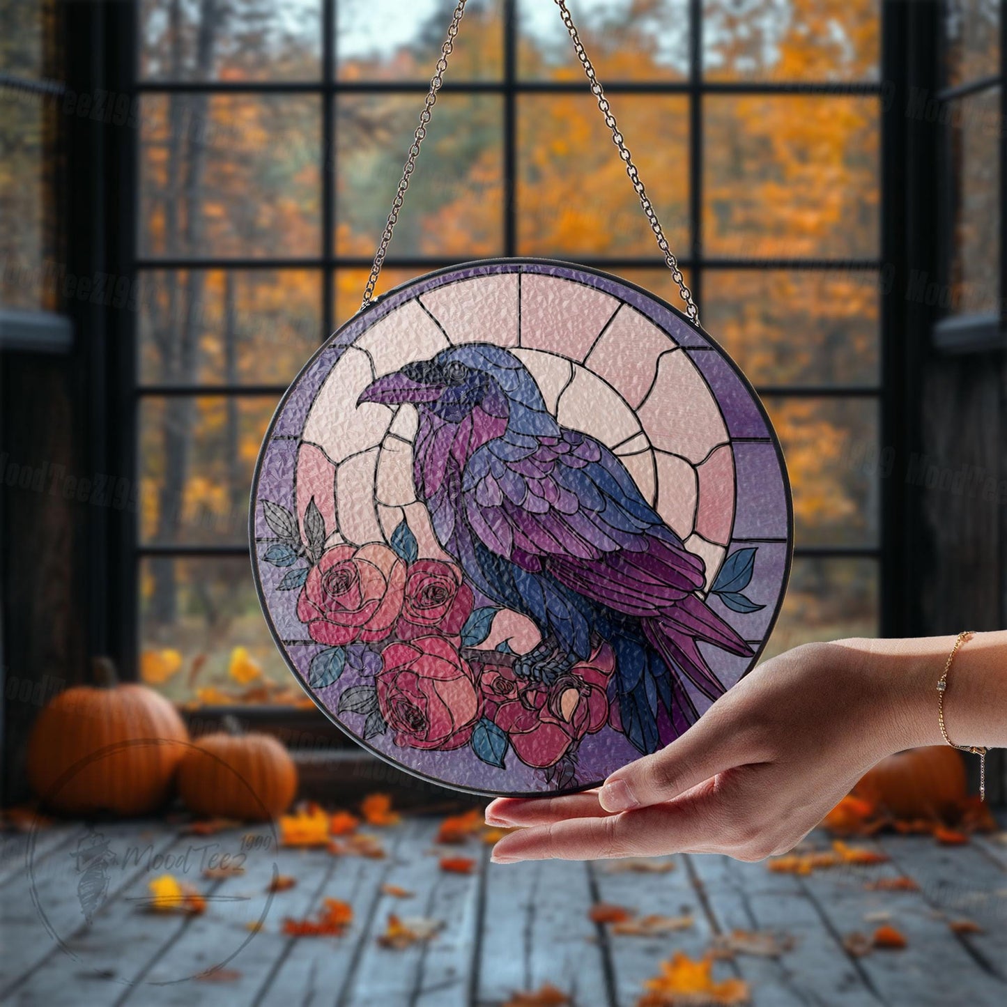 Purple Raven and Roses Stained Glass Window Hanging, Gothic Crow Suncatcher, Fall Decor for Window, Halloween Gift, Bird Art Panel