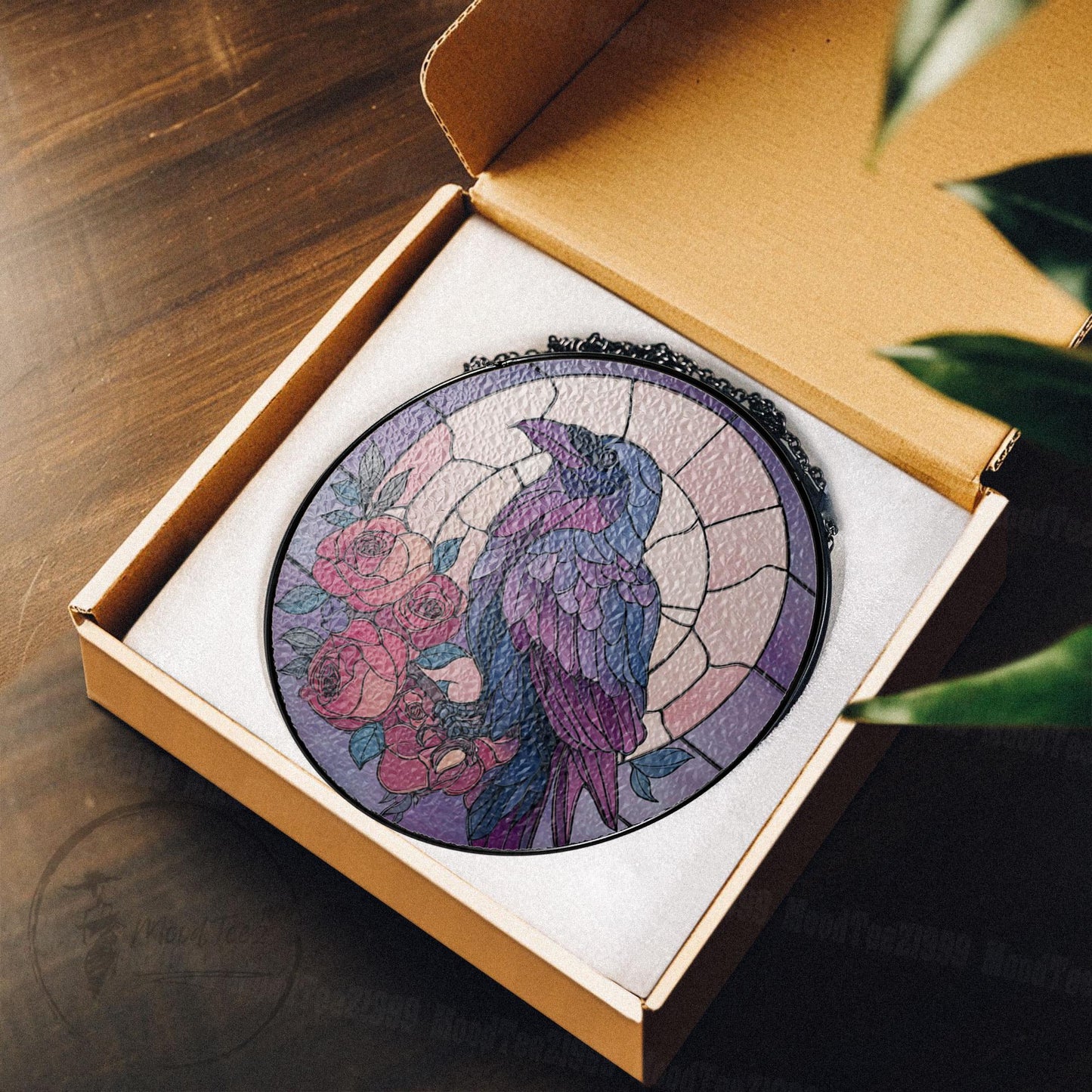 Purple Raven and Roses Stained Glass Window Hanging, Gothic Crow Suncatcher, Fall Decor for Window, Halloween Gift, Bird Art Panel