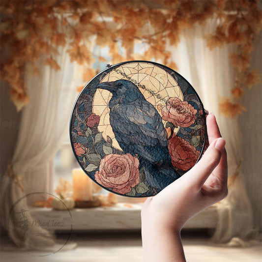 Vintage Raven Stained Glass Window Panel, Blue Crow with Roses Suncatcher, Gothic Window Hanging, Fall Decor, Bird Art Gift