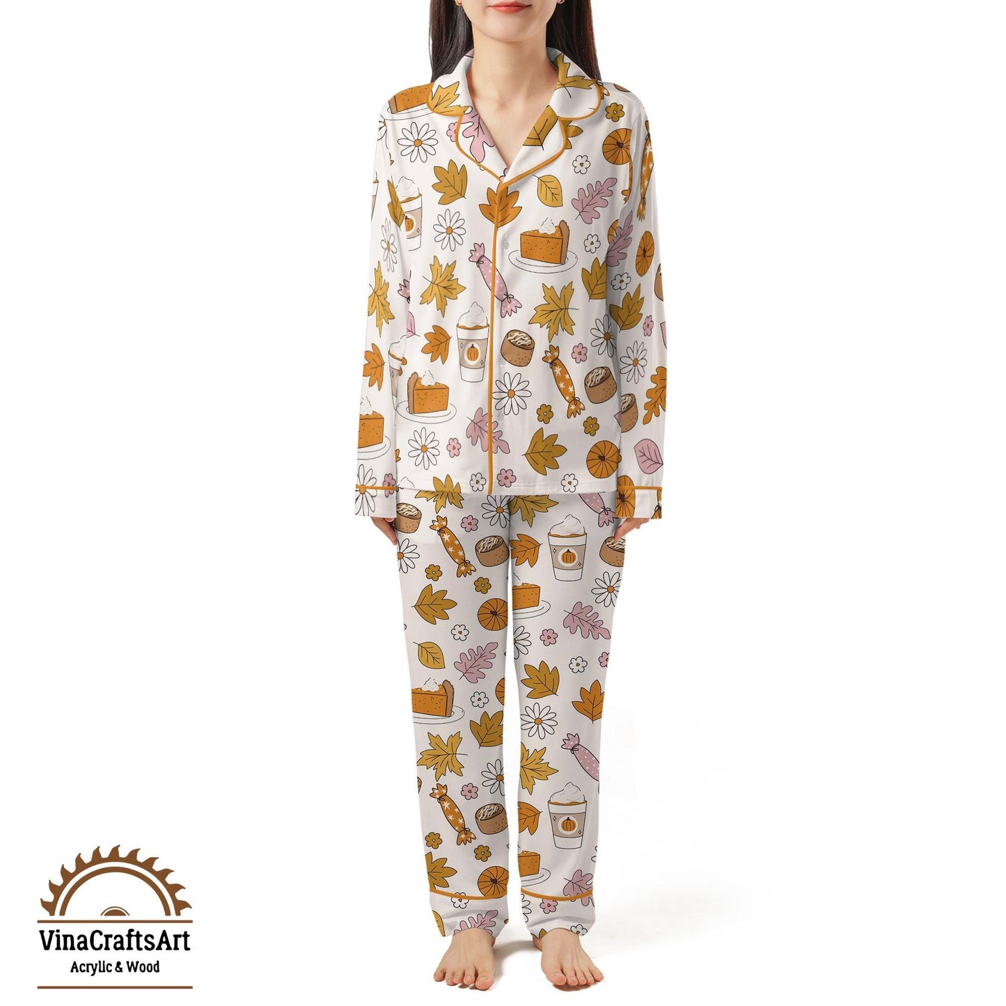 Fall Pajama Set – Pumpkin Spice & Autumn Leaves PJs, Cozy Thanksgiving Sleepwear, Cute Fall Loungewear for Women, Soft Pajamas Gift