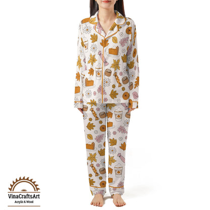 Fall Pajama Set – Pumpkin Spice & Autumn Leaves PJs, Cozy Thanksgiving Sleepwear, Cute Fall Loungewear for Women, Soft Pajamas Gift