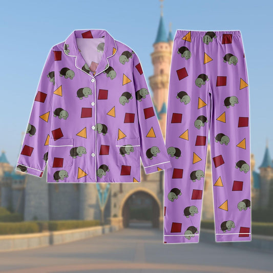 Cute Turtle Long Pajamas Set, Purple Geometric Cartoon Nightwear, Zoey’s Turtle Print Sleepwear,  Cozy Animal Pajamas For Women Gift