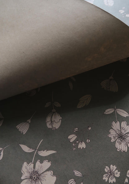 Florals on gray blue kraft Wrapping paper,Gift Wrap, Wrapping, Floral Gift Warp,natural paper,gift paper, floral wrapping,recycled paper