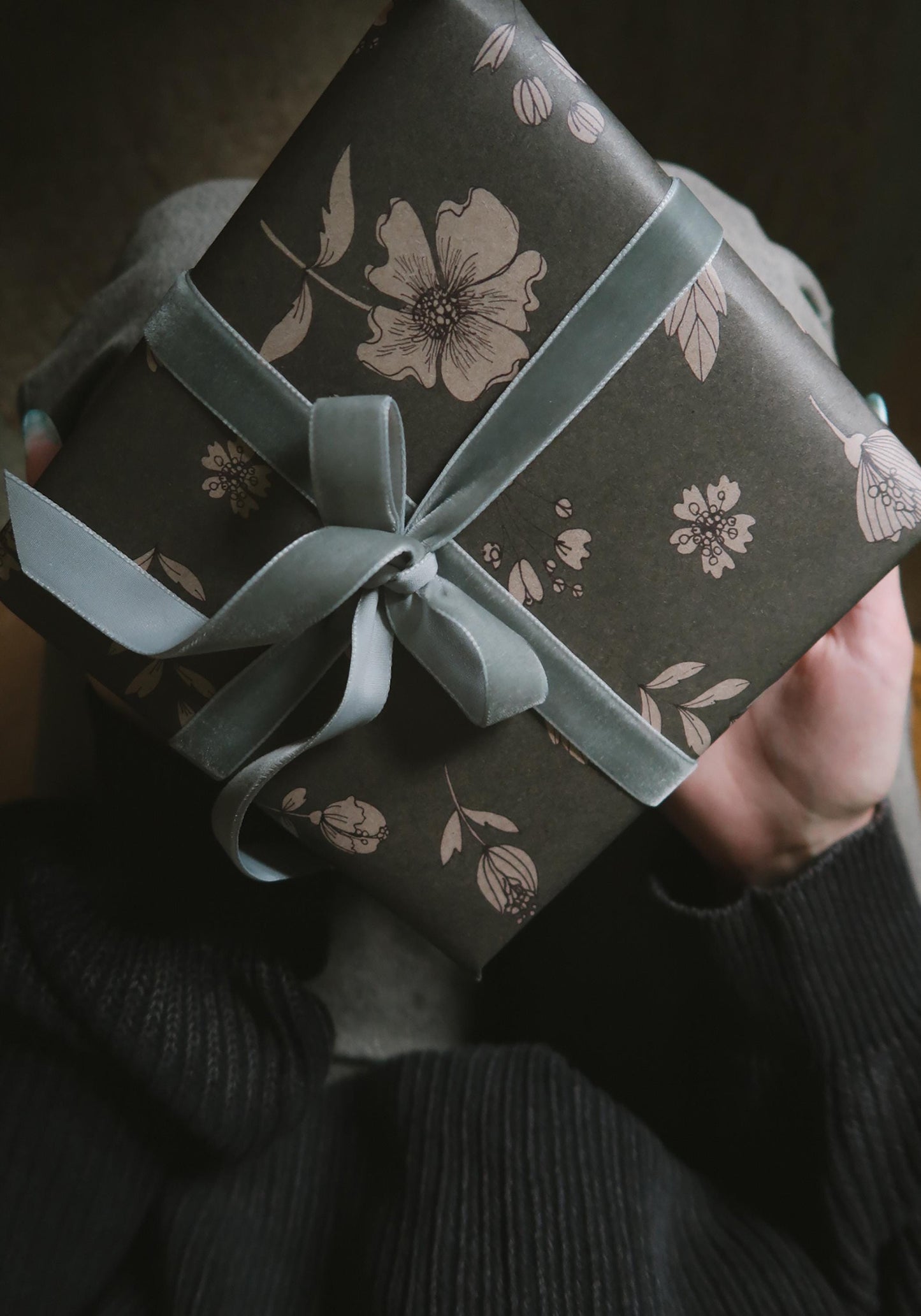 Florals on gray blue kraft Wrapping paper,Gift Wrap, Wrapping, Floral Gift Warp,natural paper,gift paper, floral wrapping,recycled paper