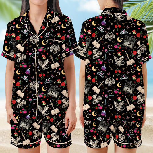 Romantasy Dragon Book Pajamas Set, Fantasy Book Lover Sleepwear, Bookish Girl Short Long Sleeve Pajama Set, Gift For Readers And Dreamers