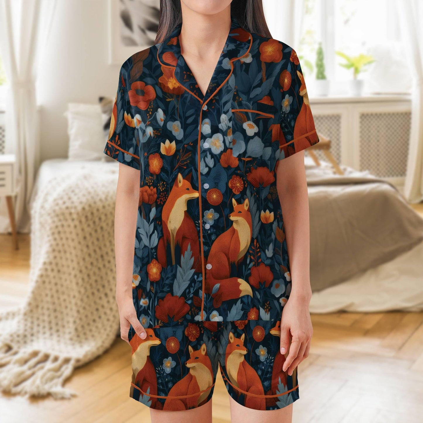 Fox Pajama Set Short Sleeves, Red Fox Woman's Colorful Satin Pajama Short Sleeve