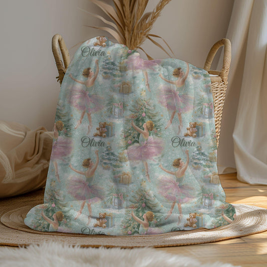 Personalized Ballerina Christmas Blanket Custom Holiday Gift Ballet Dancer Name Throw Whimsical Ballerina Decor Cozy Christmas Tree Fleece