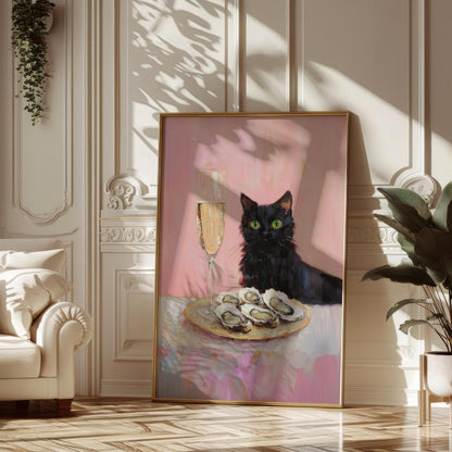 Black Cat with Champagne and Oysters Art Print | Cute Quirky Whimsical | Cocktail Art Bar Cart Decor | Fine Art Print Gift | Funny Cat Art
