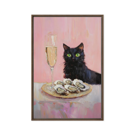 Black Cat with Champagne and Oysters Art Print | Cute Quirky Whimsical | Cocktail Art Bar Cart Decor | Fine Art Print Gift | Funny Cat Art