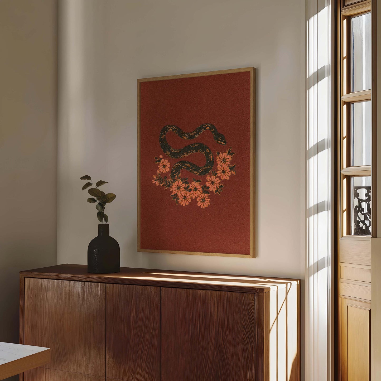 Vintage Snake Poster Dark Academia Print Dark Red Art Witchy Wall Art Floral Drawing Print Gothic Animal Print Botanical Serpent Art