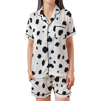 Dalmatian Pajama Set Short Sleeves, Dalmation Print Woman's Satin Pajamas Short Sleeve