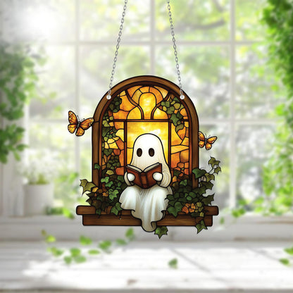 Cute Ghost Reading Book Window Hanging, Cozy Halloween Decor with Butterflies and Ivy, Whimsical Autumn Home Accent