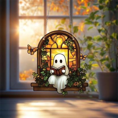 Cute Ghost Reading Book Window Hanging, Cozy Halloween Decor with Butterflies and Ivy, Whimsical Autumn Home Accent