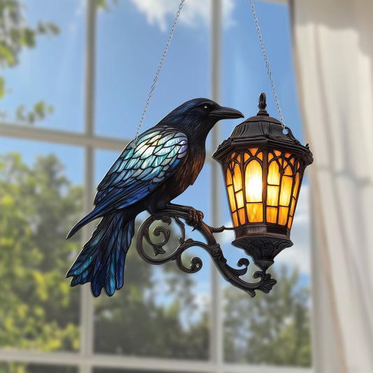 Raven Gothic on Lantern Acrylic Window Hanging, Halloween Crow on Lamp Decor, Halloween Decor for Dark Academia Home, Witchcraft Decor Fans